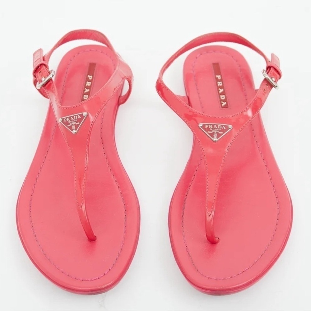 Prada Triangle Logo T Strap Patent Leather Pink Thong Flat Sandals